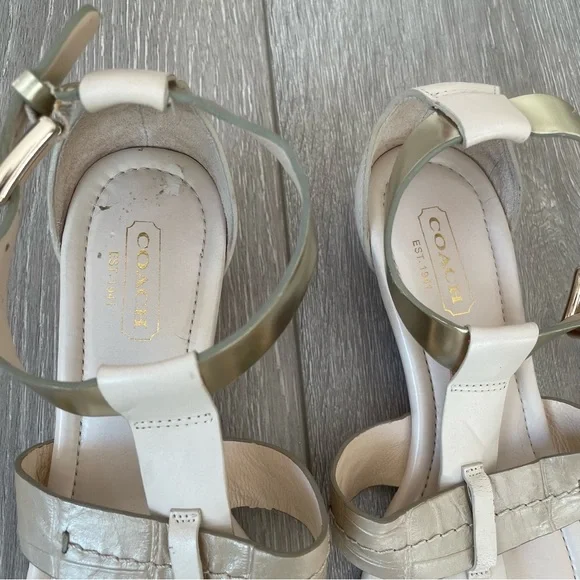 Coach Velvet Vachetta Low Wedge T-Strap Sandals in Gold & Cream Summer Resort - Picture 8 of 8